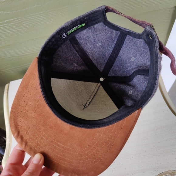 Live The Adventure Gray and Brown Wool Blend Camp Hat Cap Leather Emblem w Trees - Picture 8 of 10